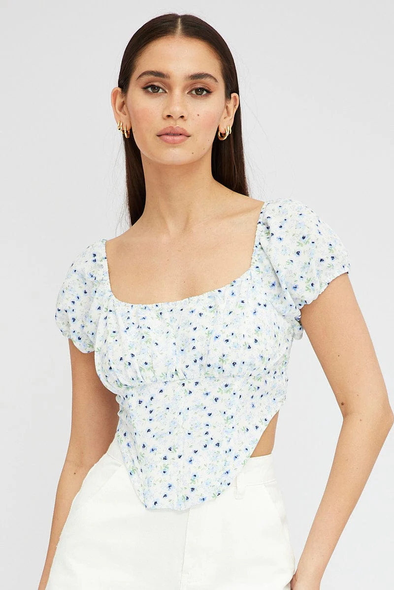 Blue Ditsy Crop Top Short Sleeve Square Neck