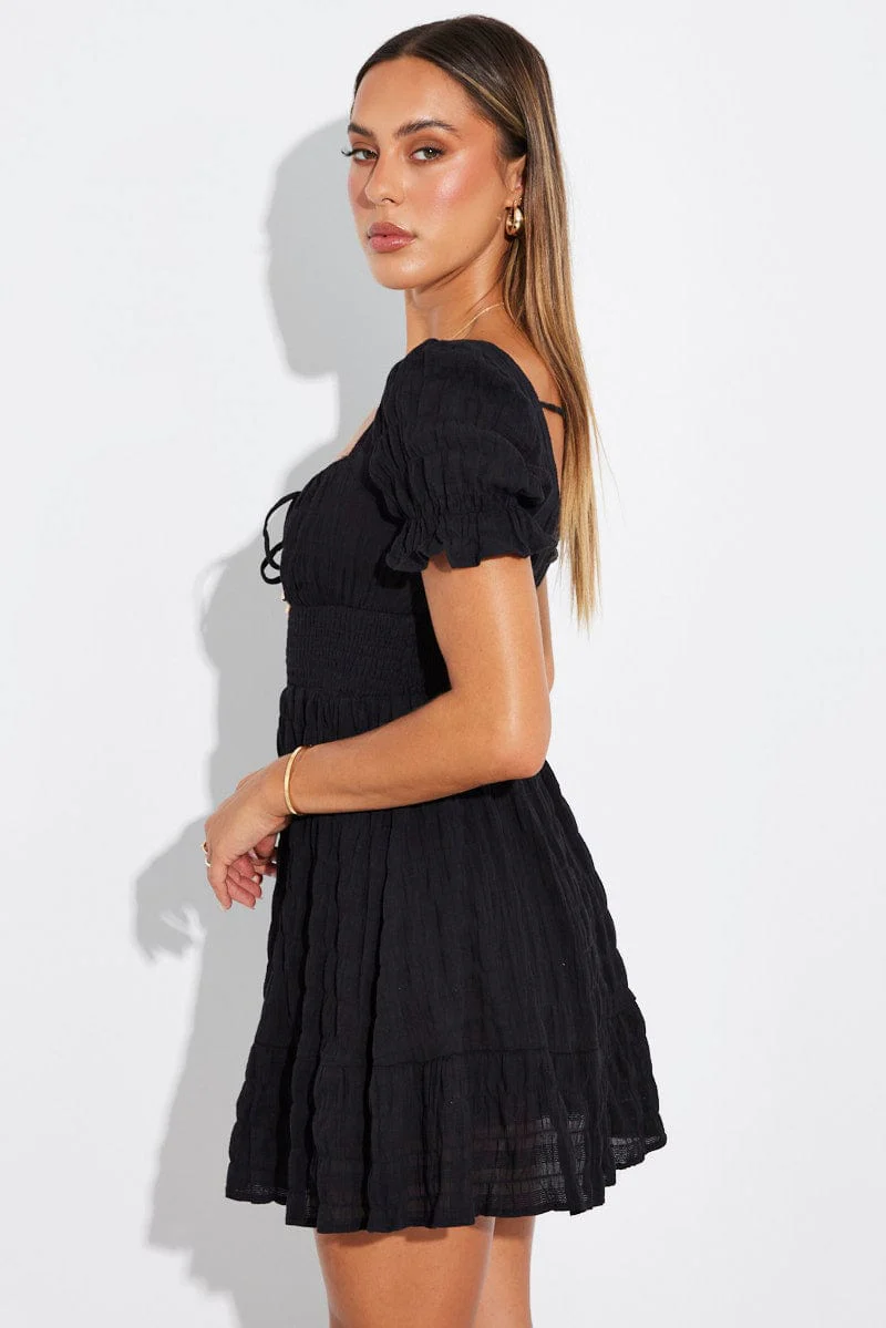 Black Fit And Flare Dress Puff Sleeve