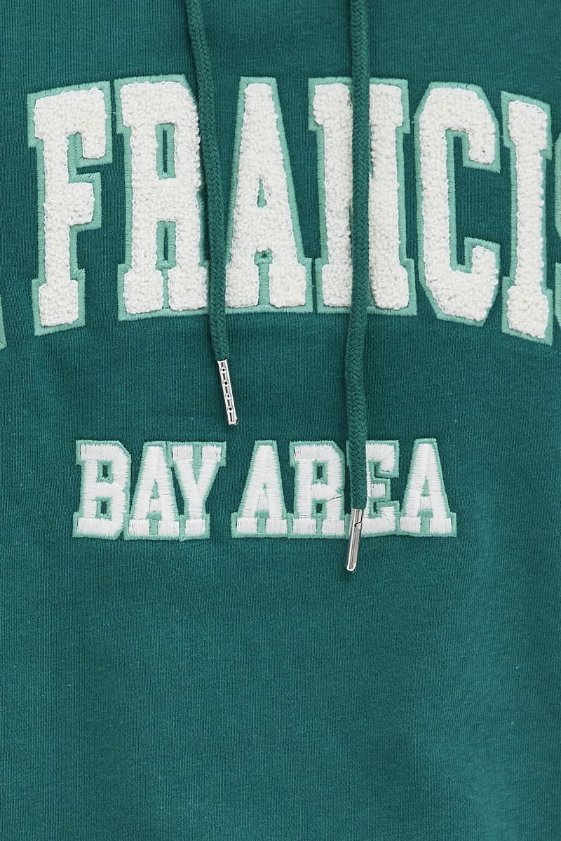 Green Sweater Round Neck San Francisco Embroidery
