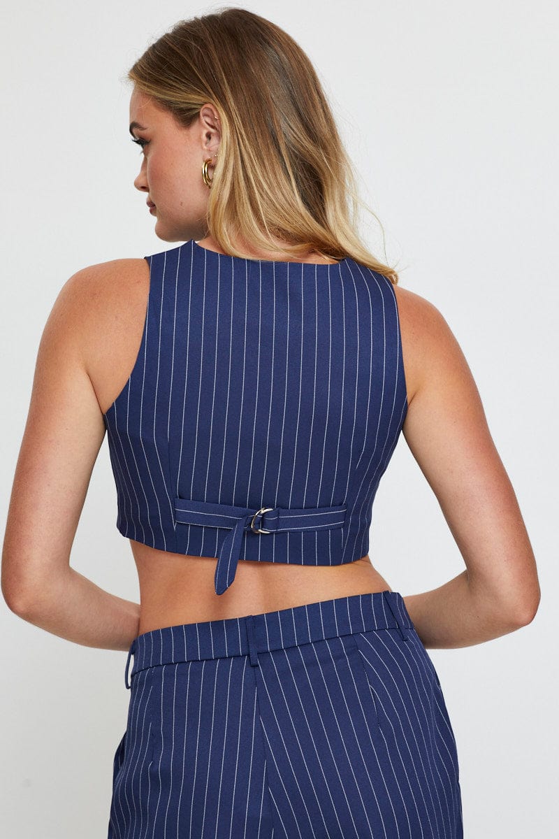 Stripe Crop Shirts Sleeveless  V-Neck