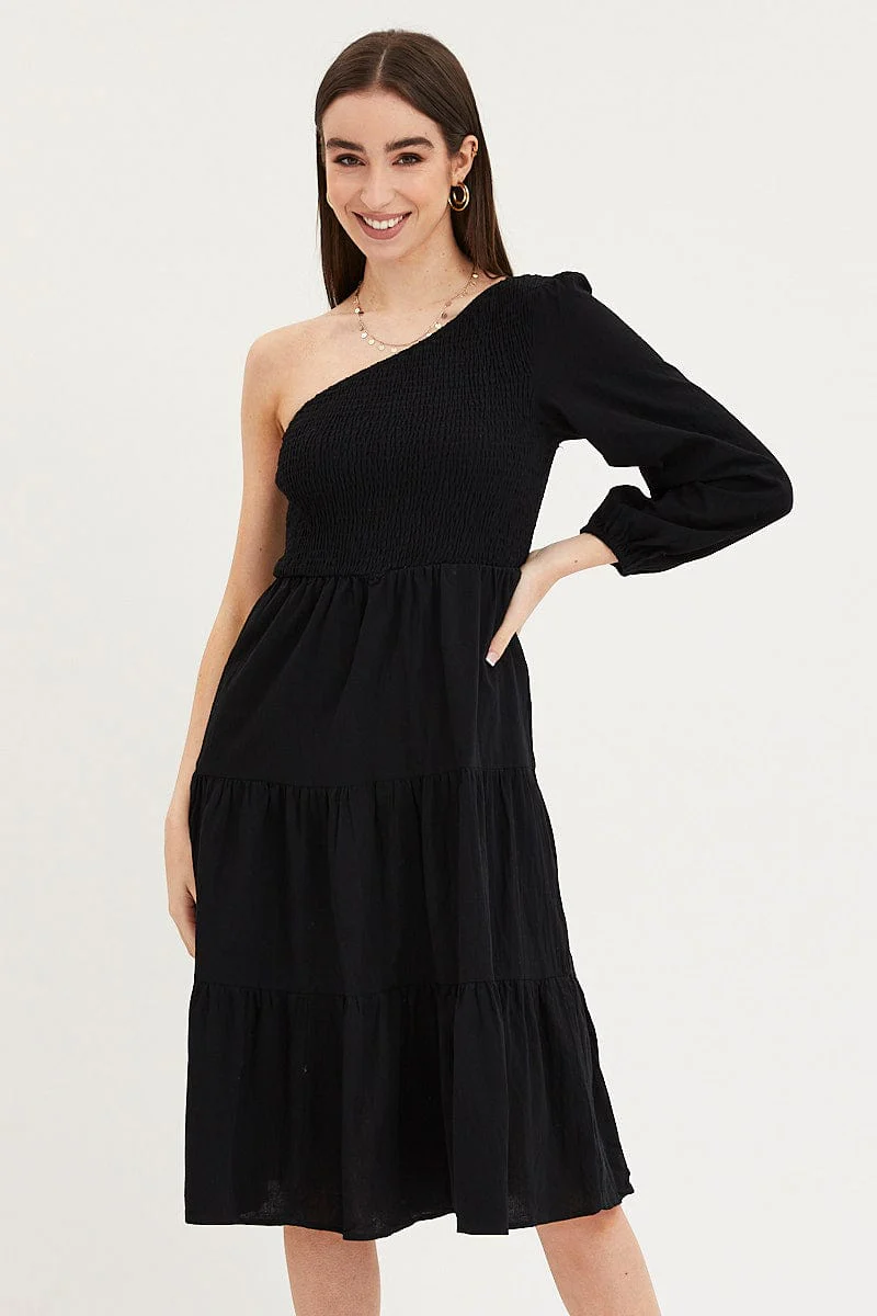 Black Dress One Shoulder Midi