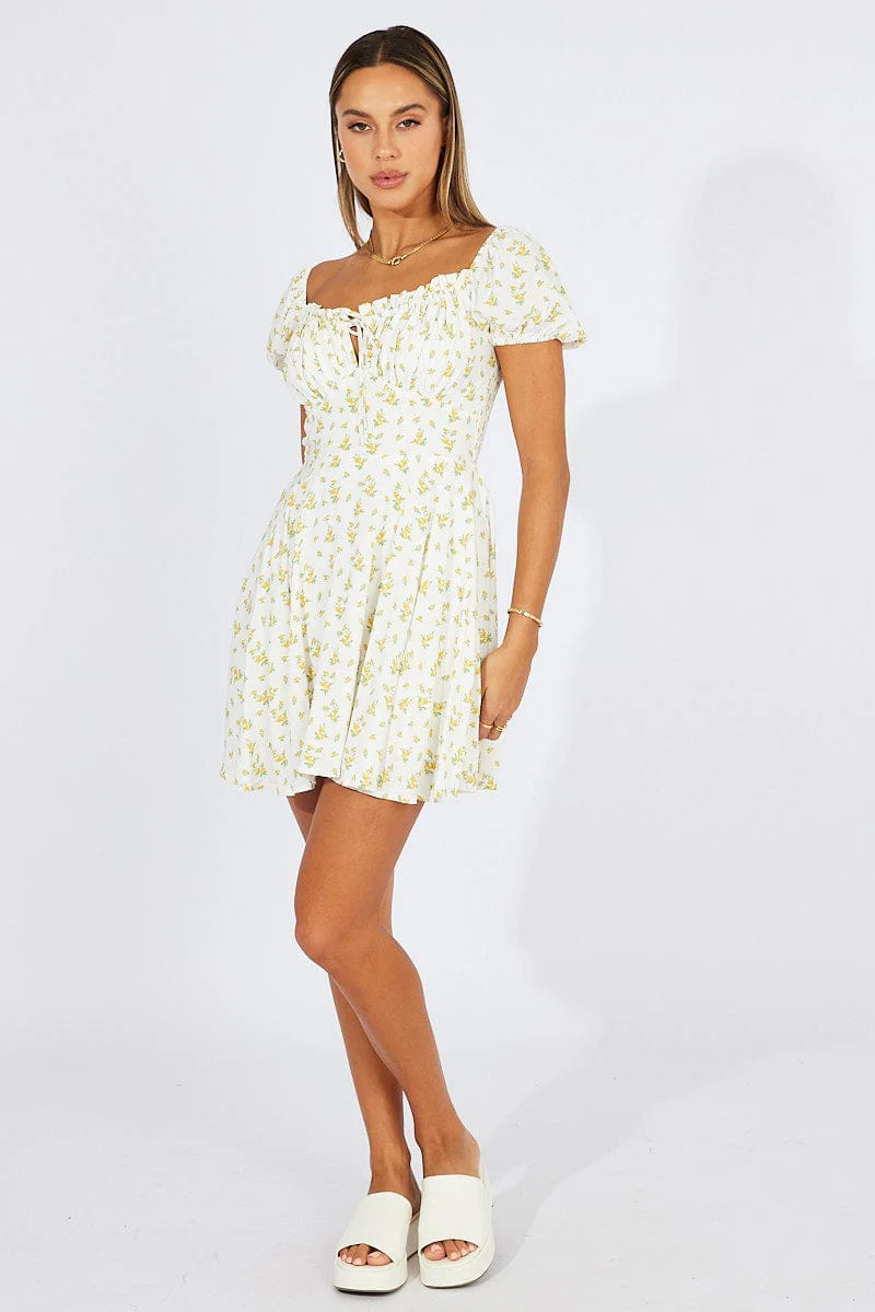 White Ditsy Fit And Flare Dress Puff Sleeve Mini