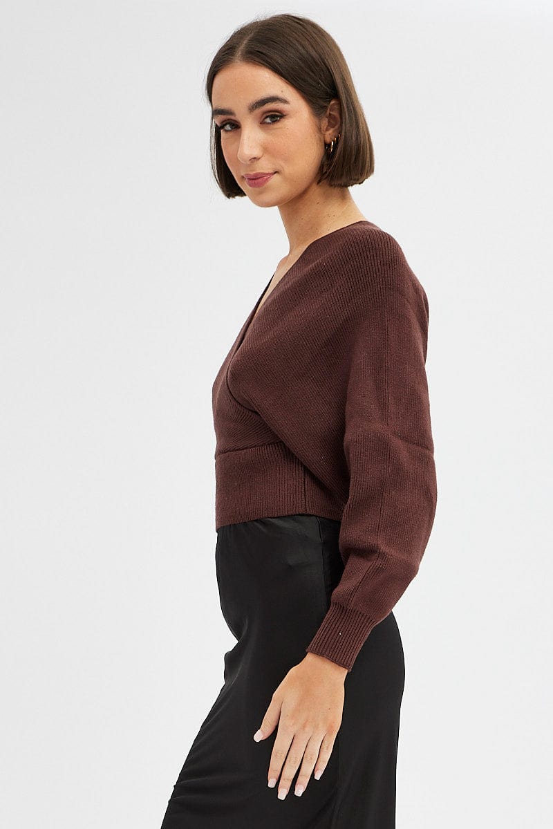 Brown Knit Top Long Sleeve Cross Over