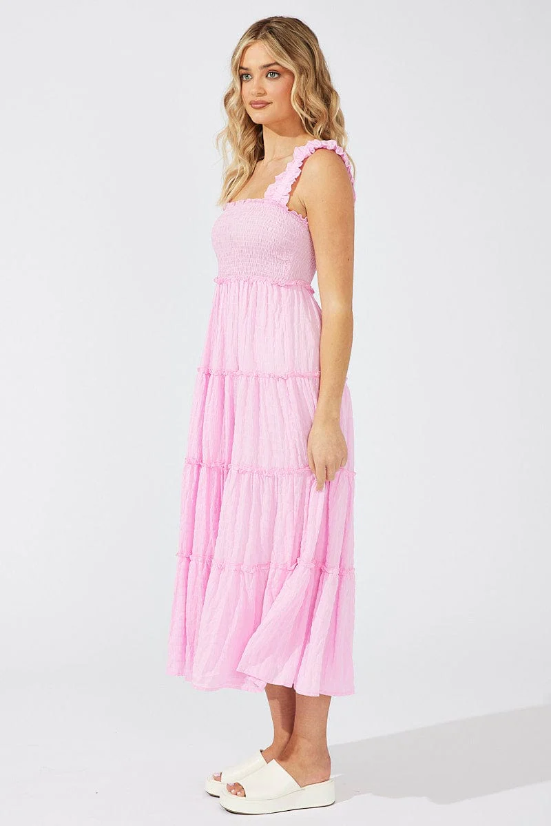 Pink Maxi Dress Shirred Bust Tiered