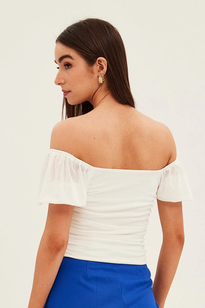 White Crop Top Short Sleeve Cowl Neck Mesh