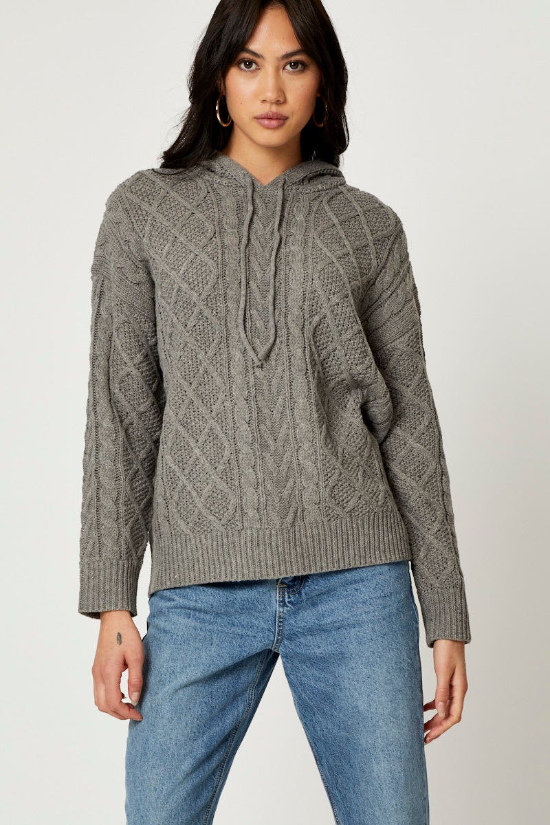Grey Long Sleeve Cabled Hoodie Knit Top