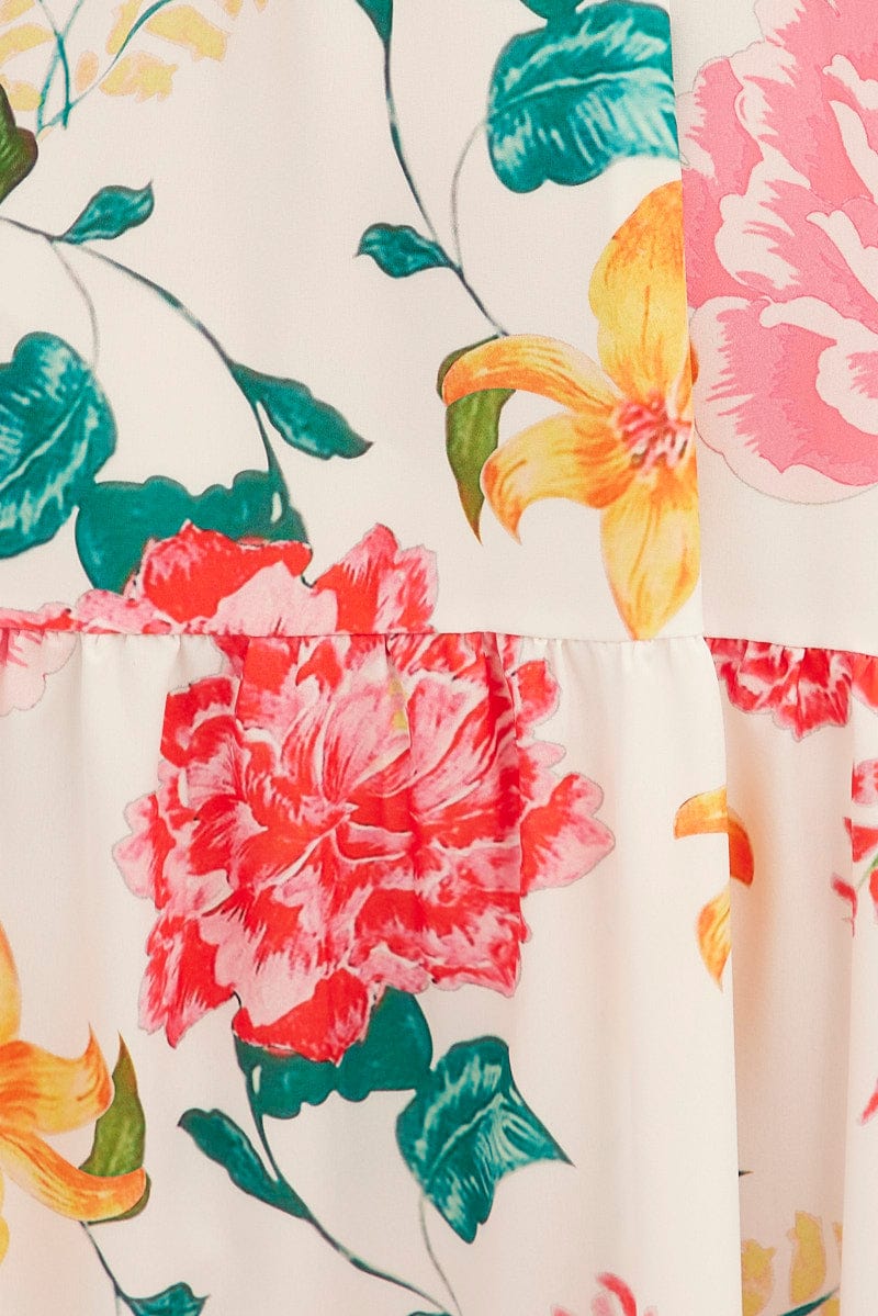 White Floral Tie Waist Tiered Midi Dress