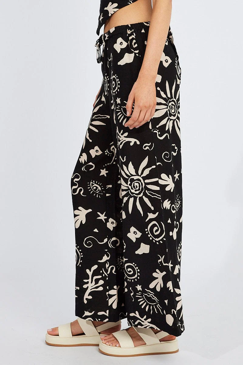 Black Abstract Wide Leg Pants High Rise Linen Blend