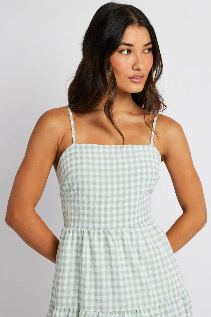 Green Check Midi Dress Sleeveless Tie Back