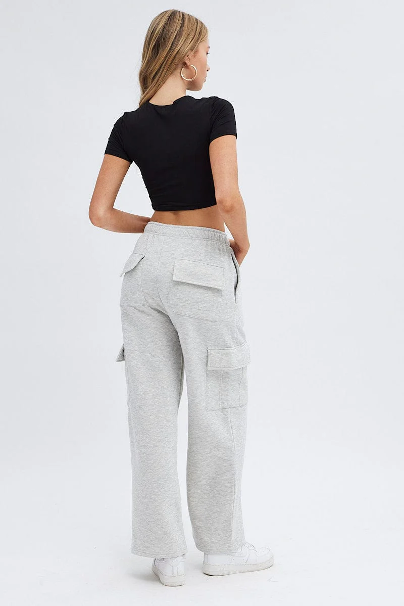 Grey Cargo Track Pants High Rise