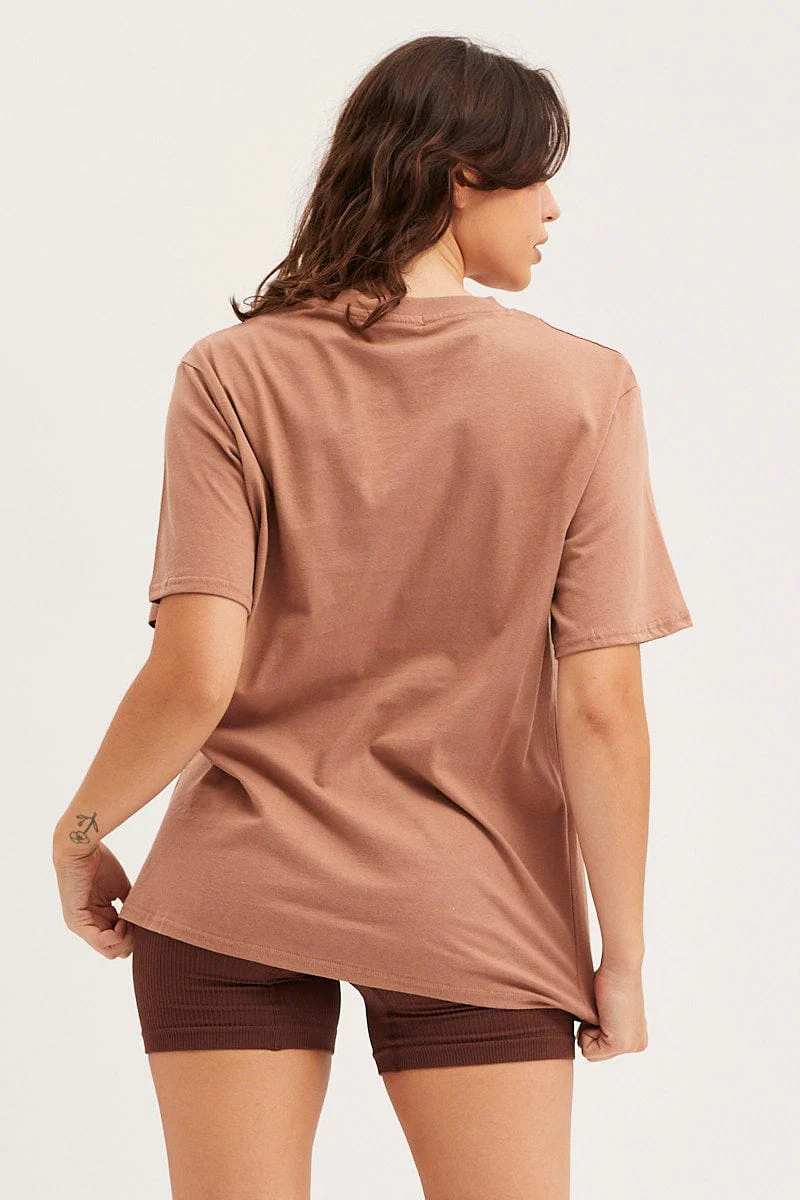 Brown Graphic T Shirt Embroided