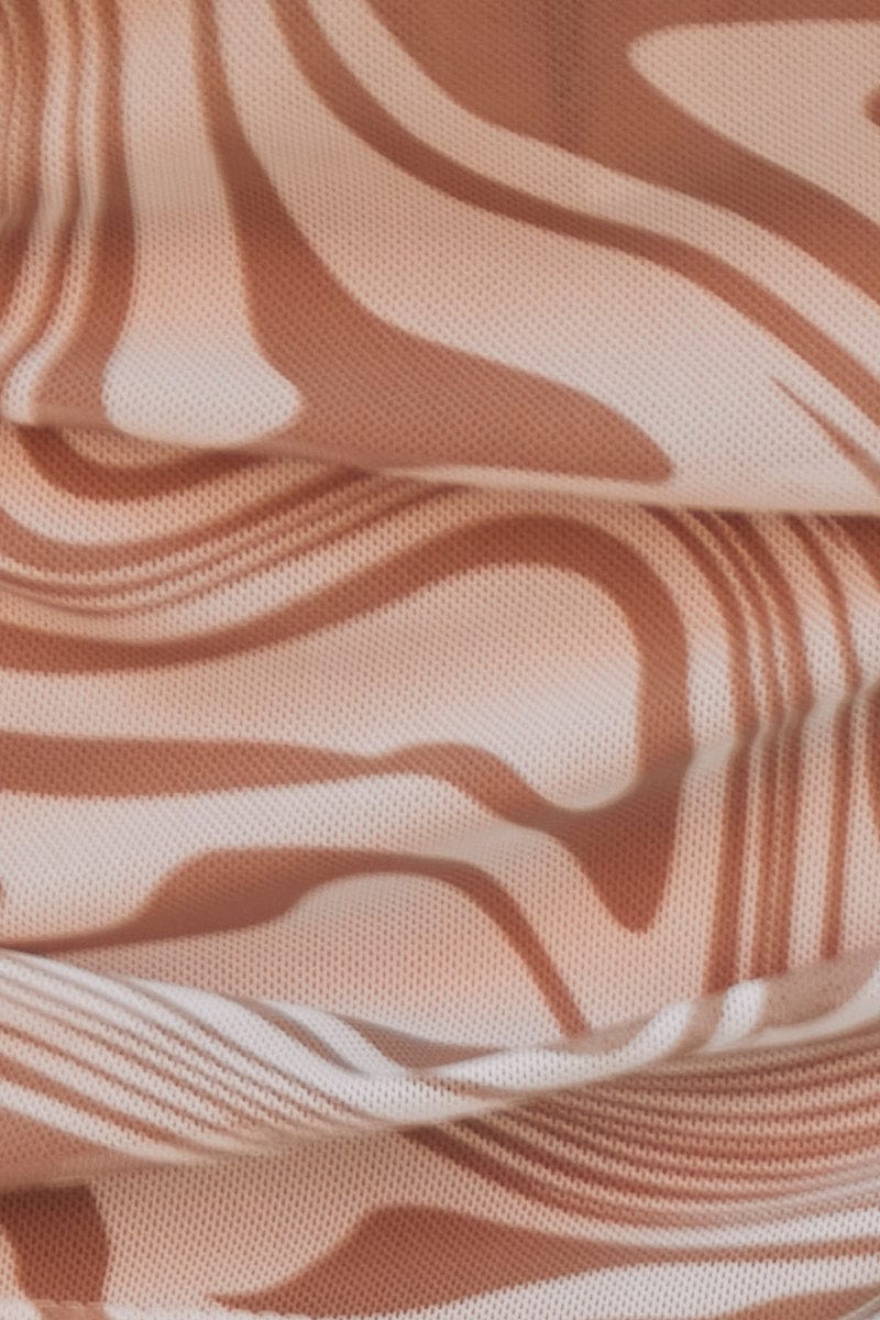 Marble Print Top Long Sleeve Midriff Mesh