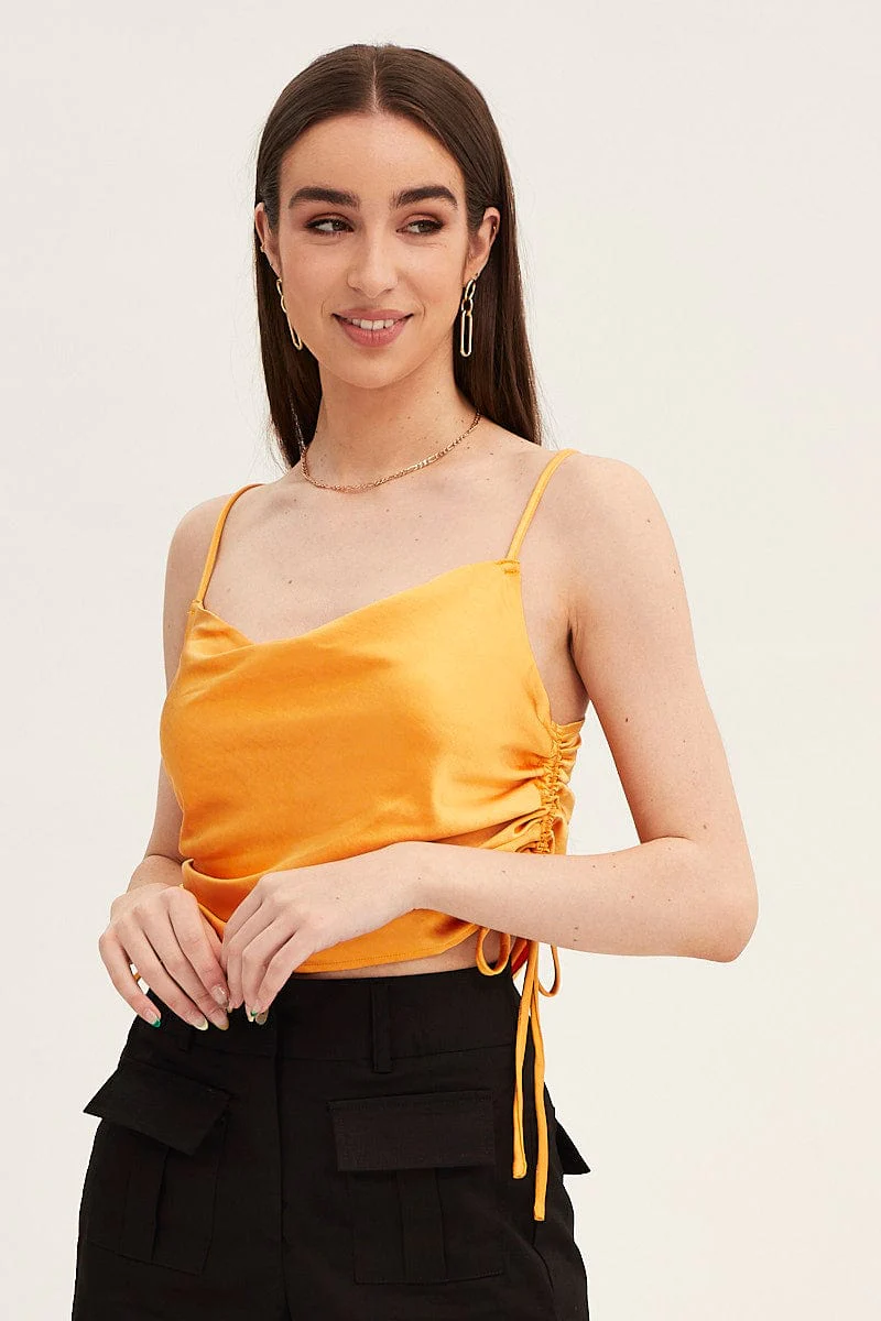 Orange Cami Top Sleeveless Cowl Neck Satin