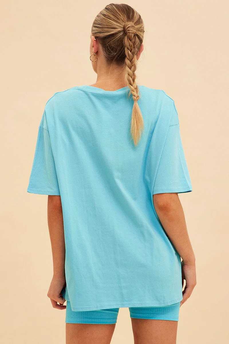 Blue Jamie Cotton Jersey Crew Neck Oversized T-Shirt