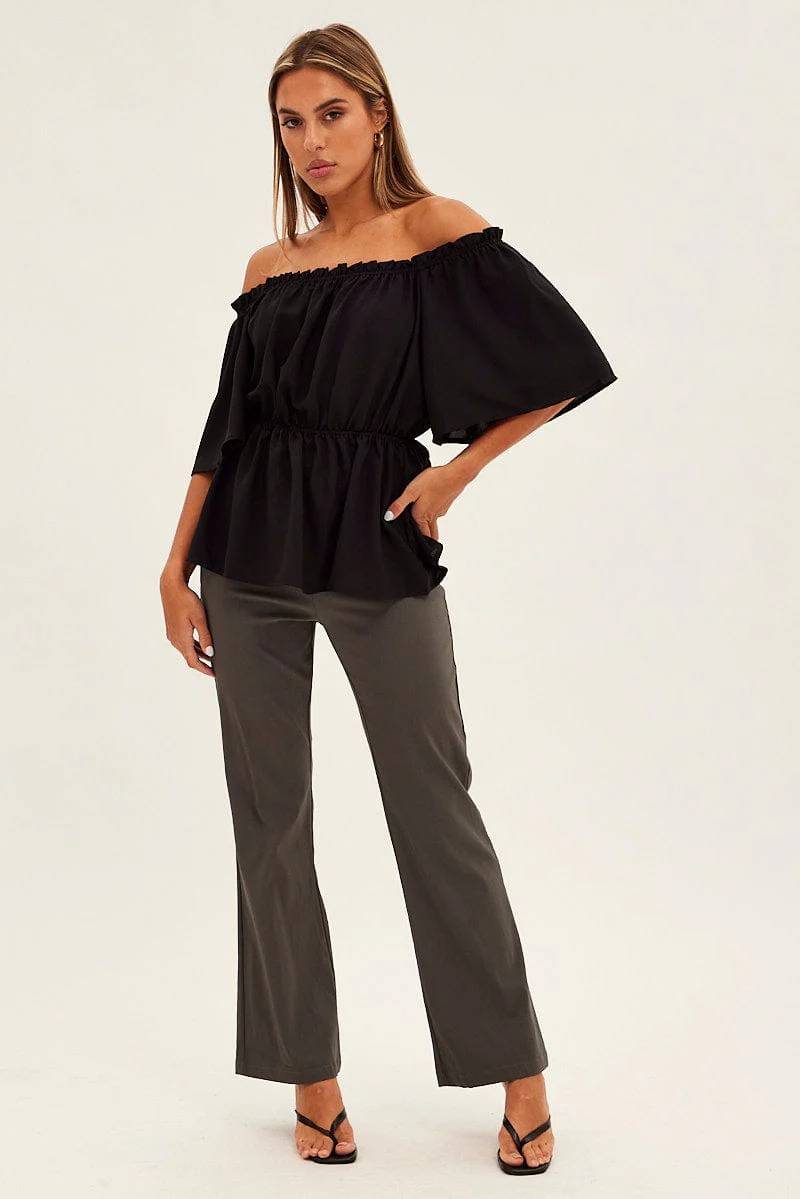 Black Top Short Sleeve Off Shoulder Longline Flutter