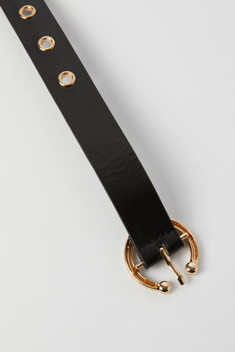 Black Circle Buckle Belt with Eyelet Detail