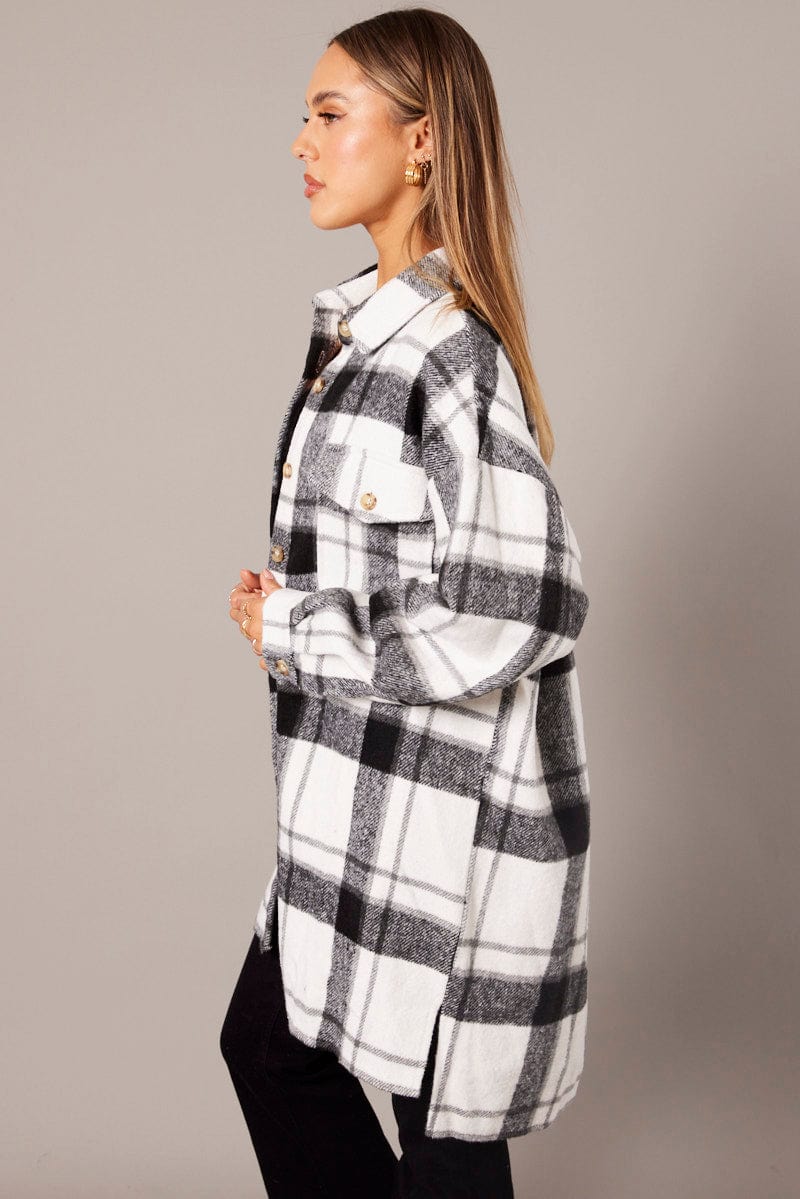 Black Check Long Shacket Long Sleeve