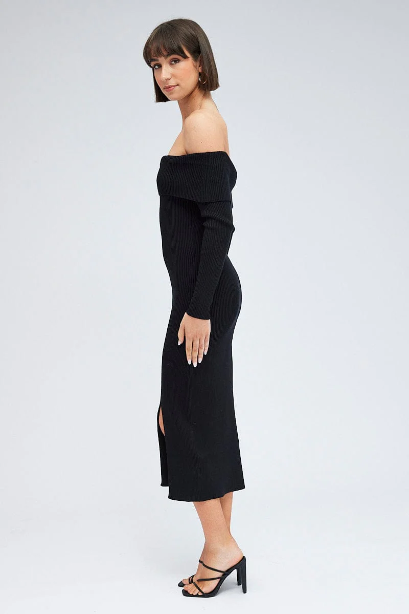 Black Midi Dress Long Sleeve Off Shoulder Bardot Knit