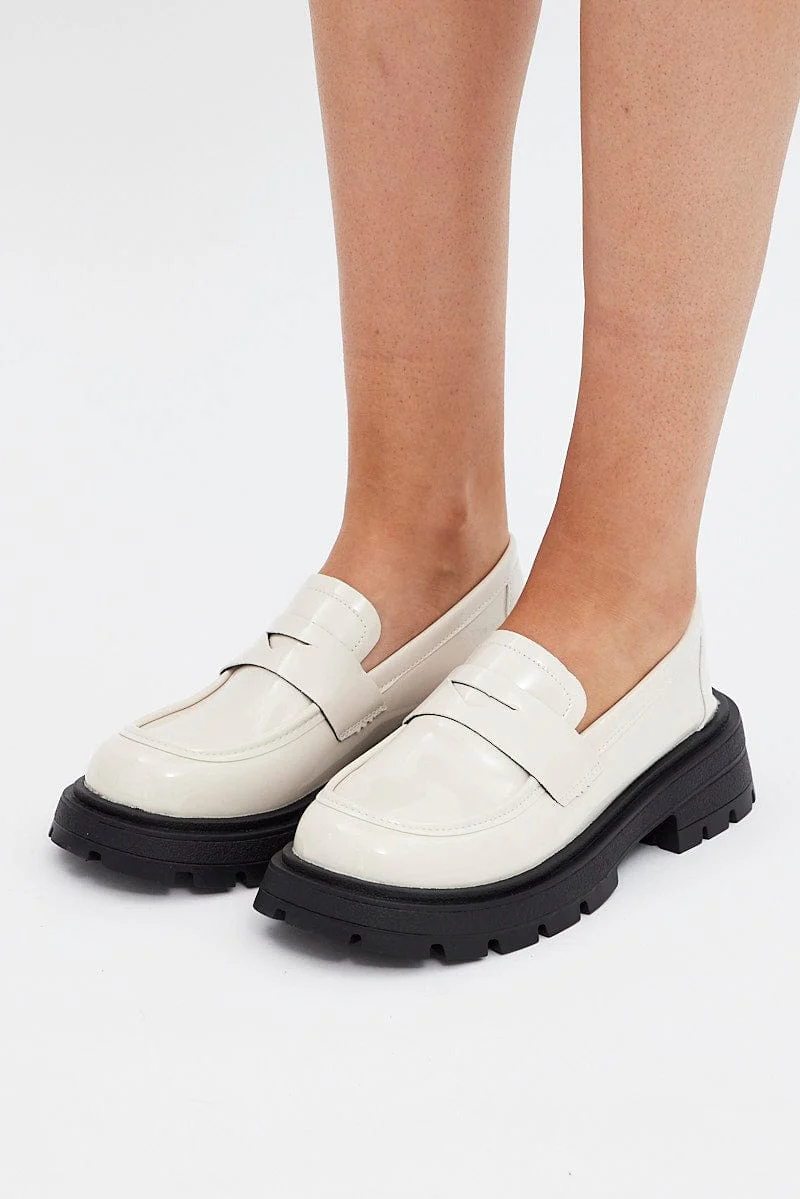 White Chunky Sole Loafers In Patent