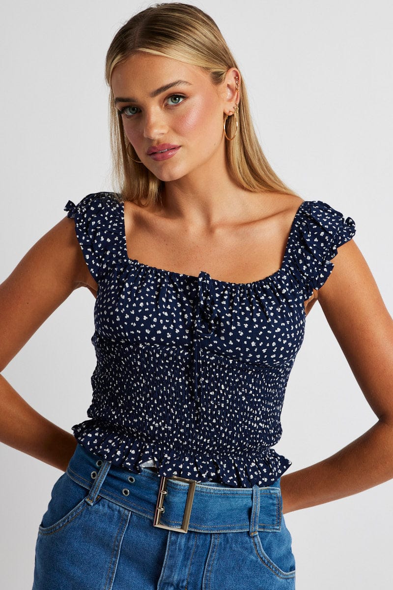 Blue Ditsy Puff Sleeve Top Short Sleeve