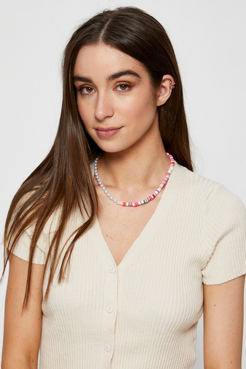 Multi Multicoloured T-Bar And Pearl Necklace