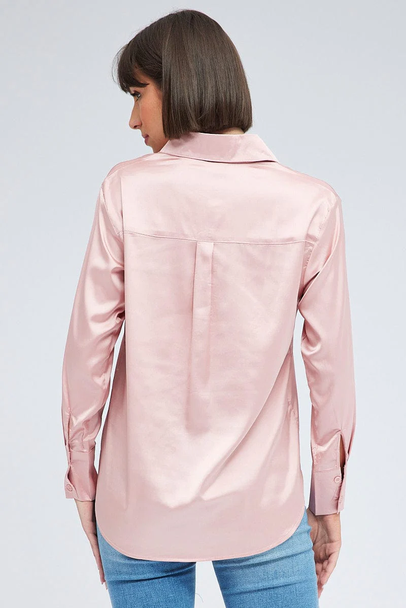 Pink Shirt Long Sleeve Collared Neck Satin