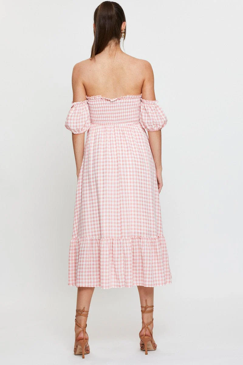 Check Midi Dress Off Shoulder Short Sleeve