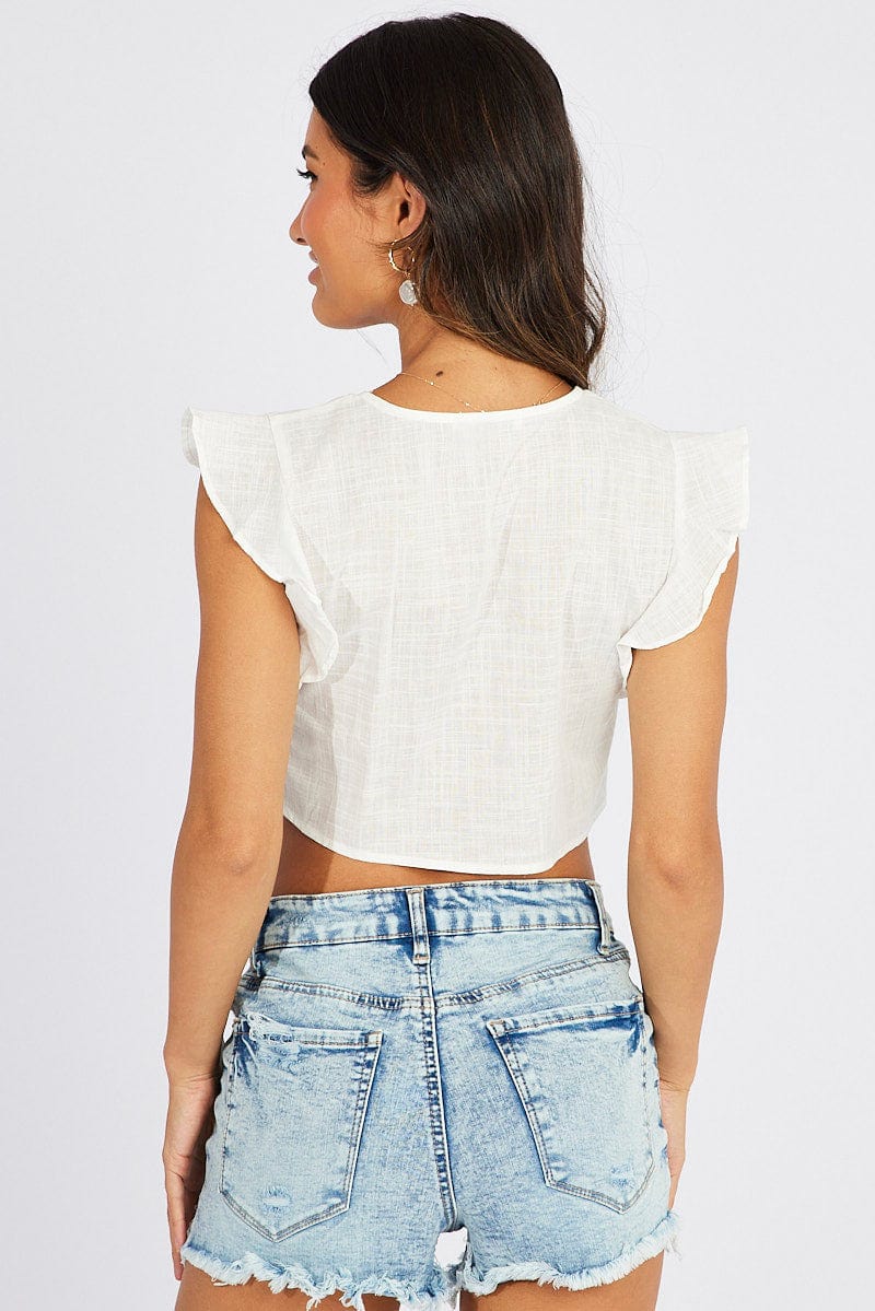 White Ruffle Top Tie Front