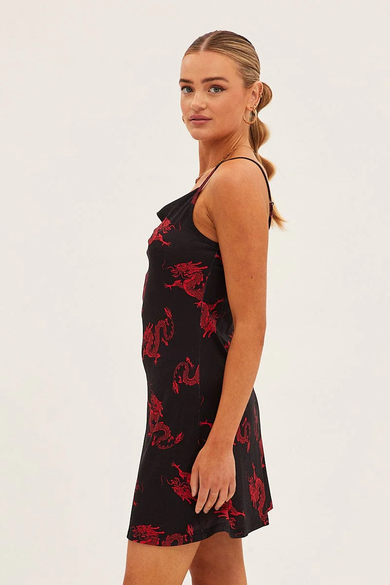 Black Print Cowl Neck Mini Dress