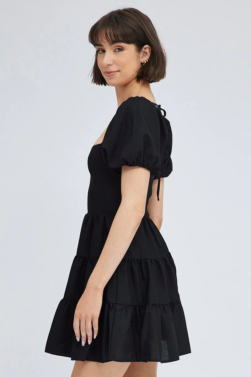 Black Fit And Flare Dress Puff Sleeve Mini