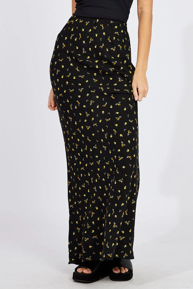 Black Floral Slip Skirt Maxi Linen Blend