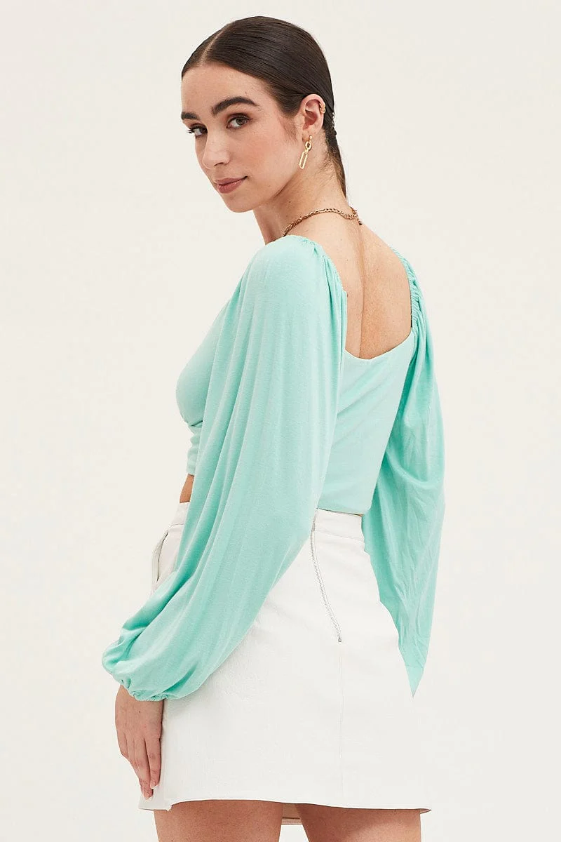 Green Top Long Sleeve Lace Trim