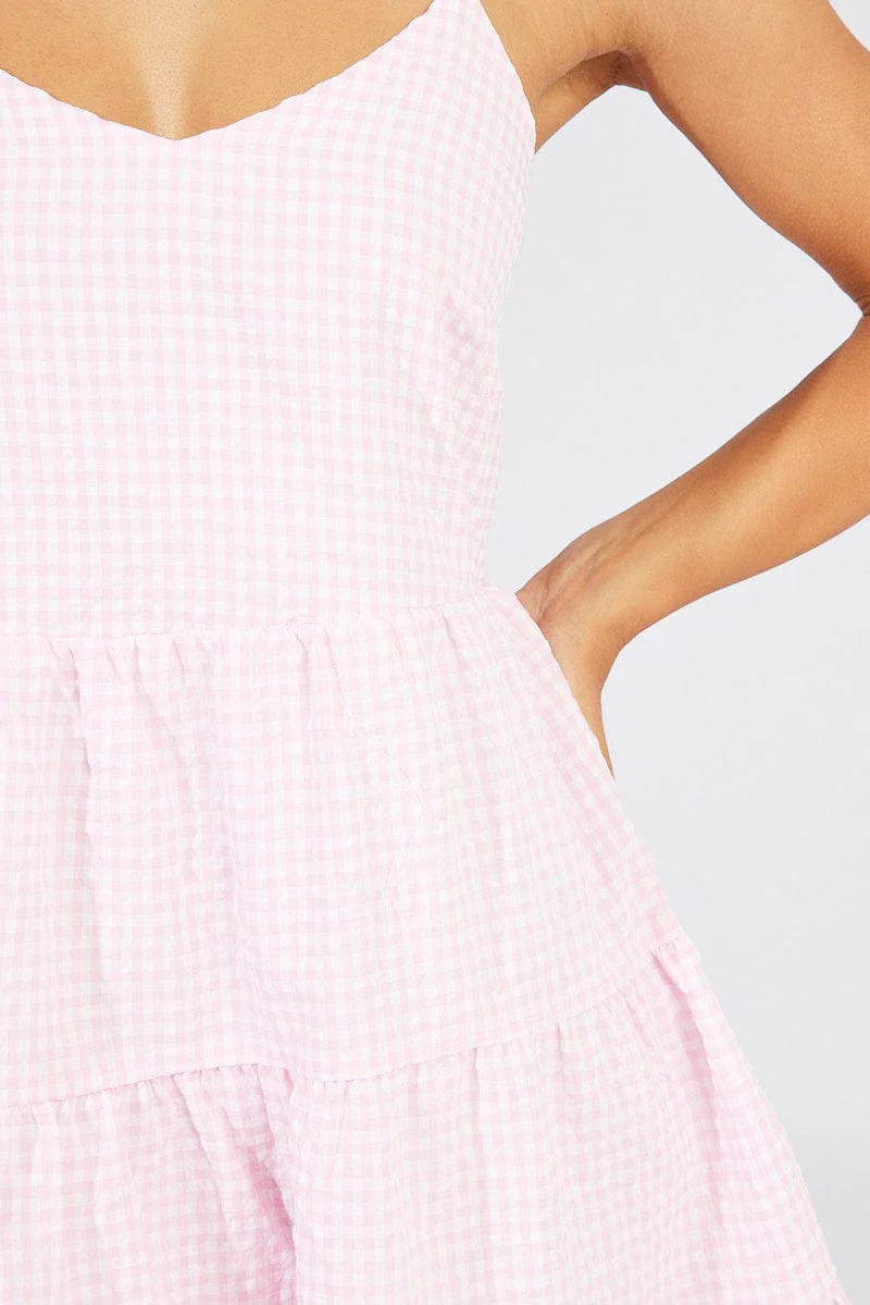 Pink Check Fit and Flare Dress Sleeveless Tiered