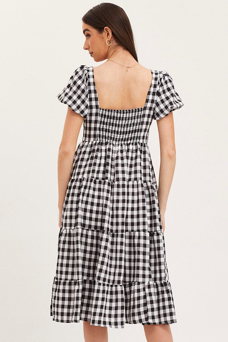 Check Midi Dress Short Sleeve Evening