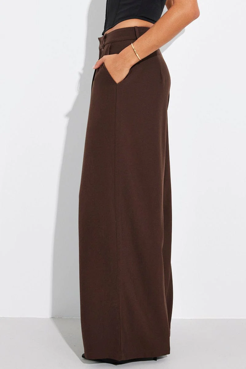 Brown Wide Leg Pants High Rise