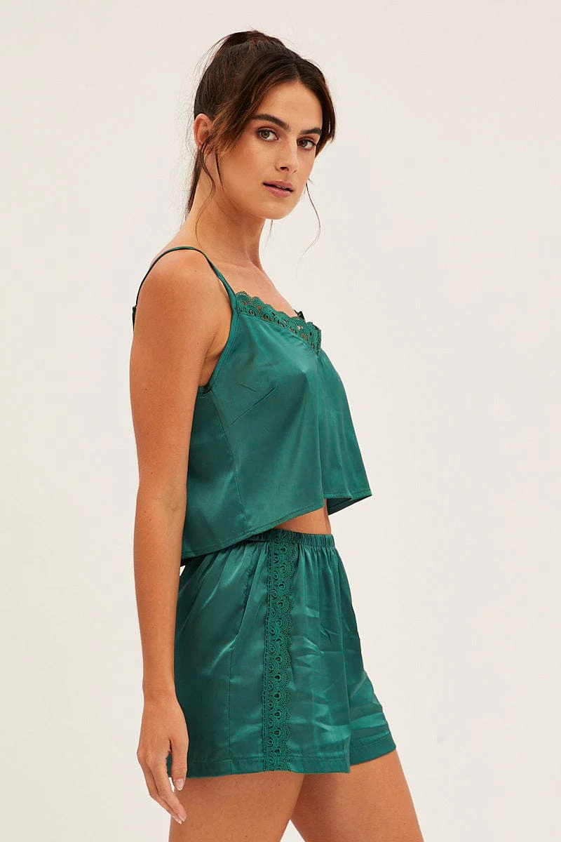Teal Pyjamas Set Sleeveless Cami Shorts Satin
