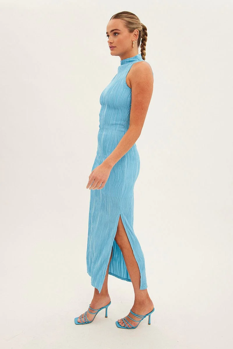 Blue Maxi Dress High Neck Sleeveless