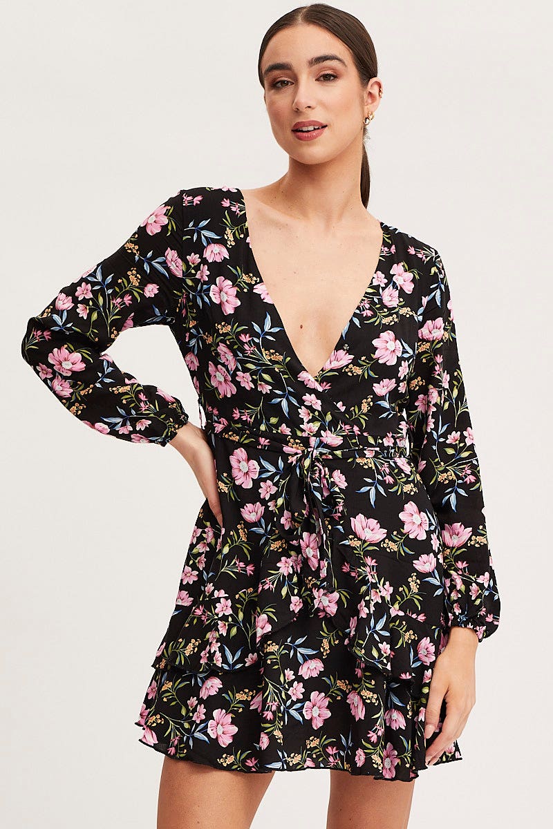 Print Skater Dress Long Sleeve Mini