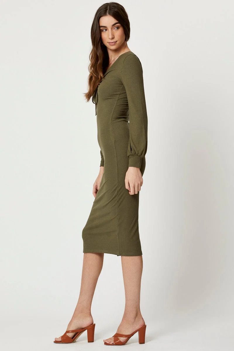 Green Ribbed Drawstring Midi Dress