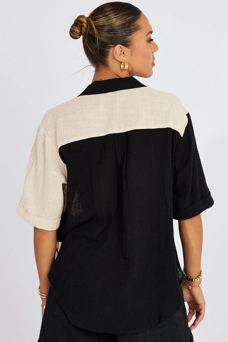 Black Colour Block Shirt Half Sleeve Relaxed Linen