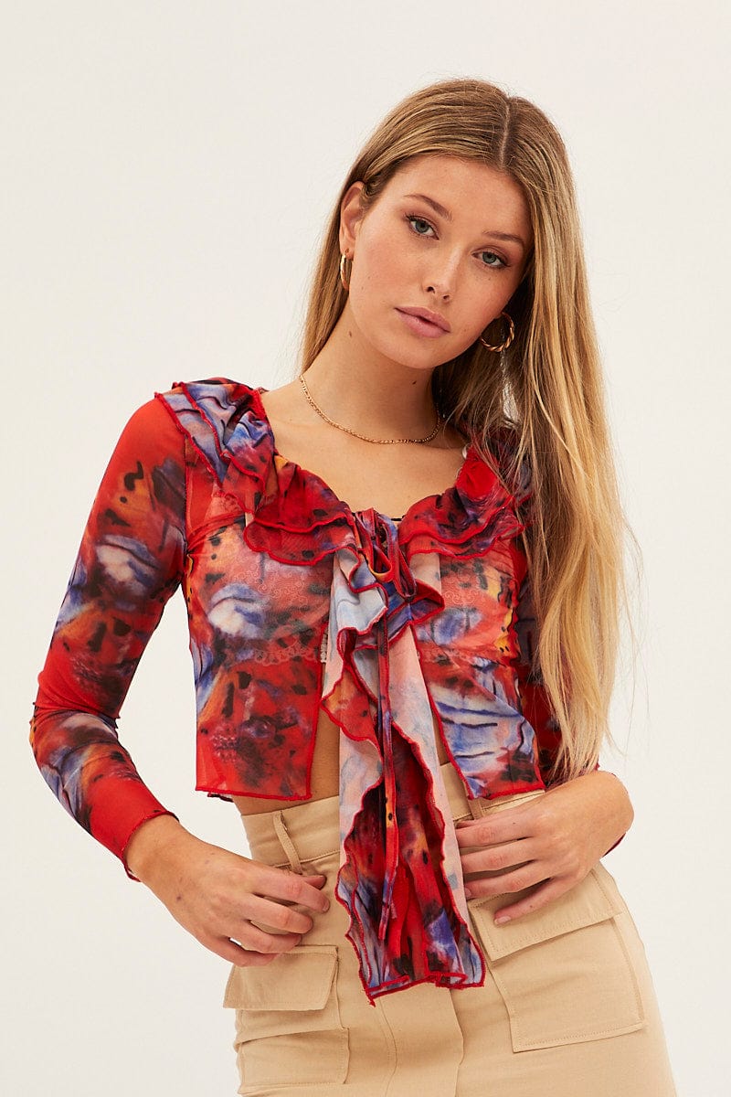 Pink Print Mesh Long Sleeve Crop Top