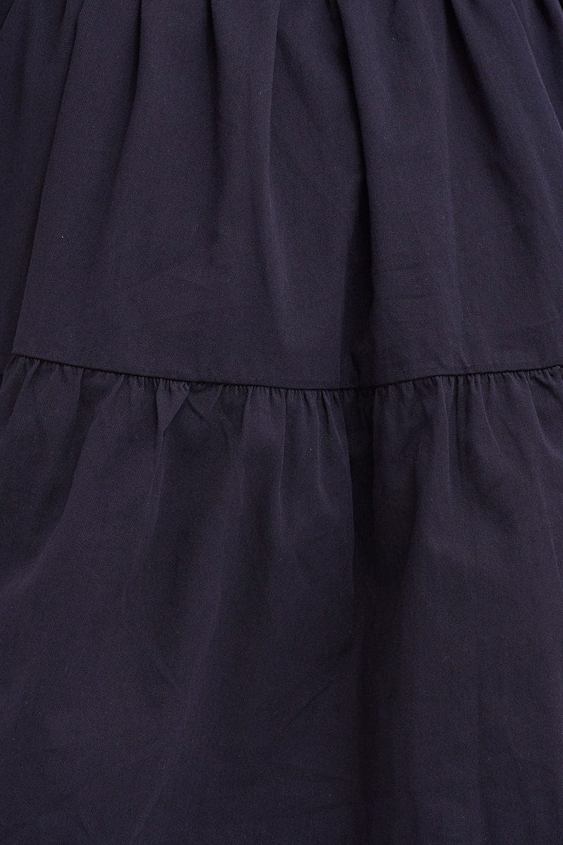 Blue Puff Sleeve Button Up Tie Waist Tiered Dress
