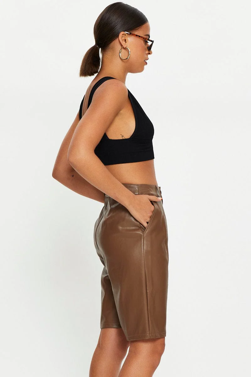 Brown Faux Leather Boyfriend Short
