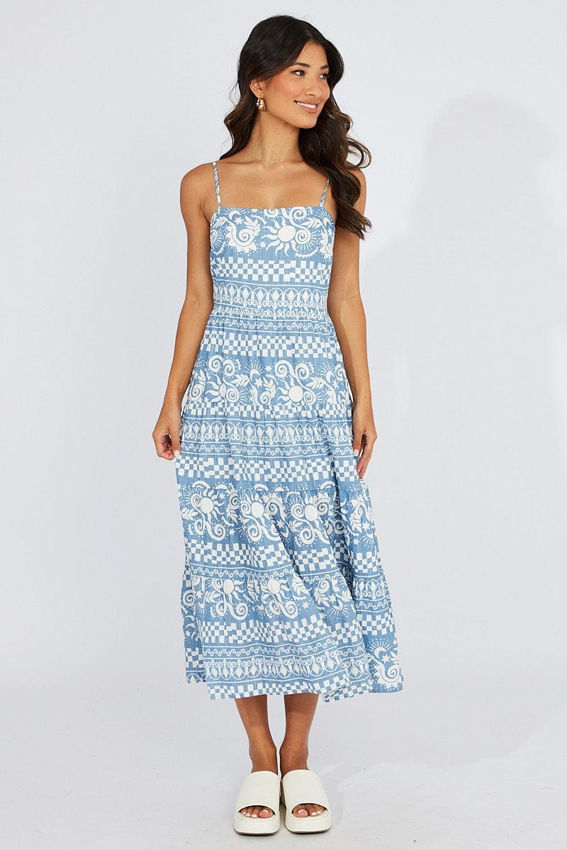 Blue Abstract Maxi Dress Tiered Strappy