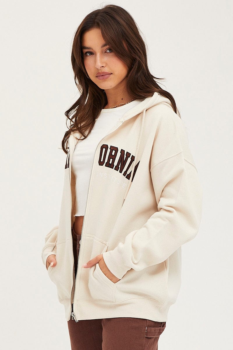 Beige Graphic Jacket Long Sleeve Oversized