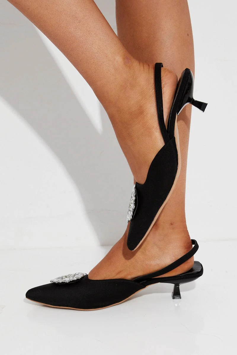 Black Rhinestone Decor Heeled Slingback