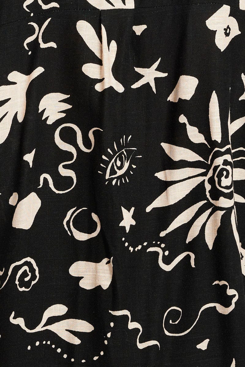 Black Abstract Linen Shirt Short Sleeve