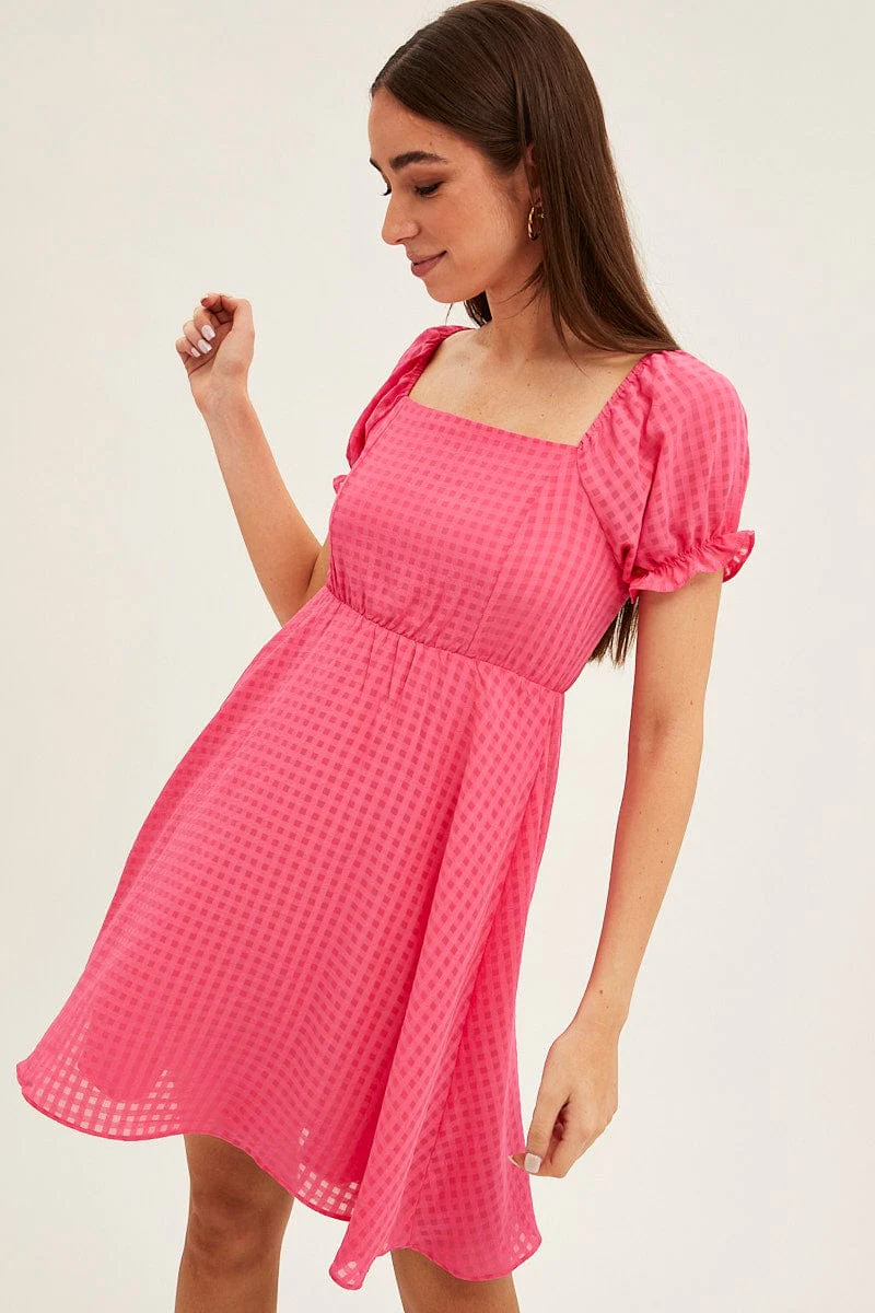 Pink Square Neck Puff Sleeve Skater Dress