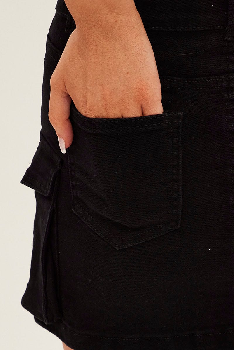 Black Cargo Utility Denim Mini Skirt