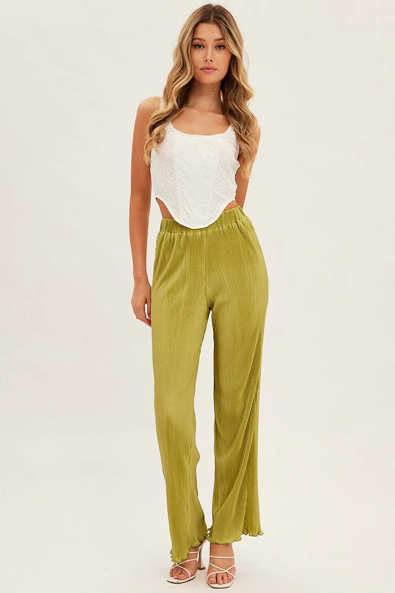 Green Plisse Pant Wide Leg Elastic Waist Lettuce Edge